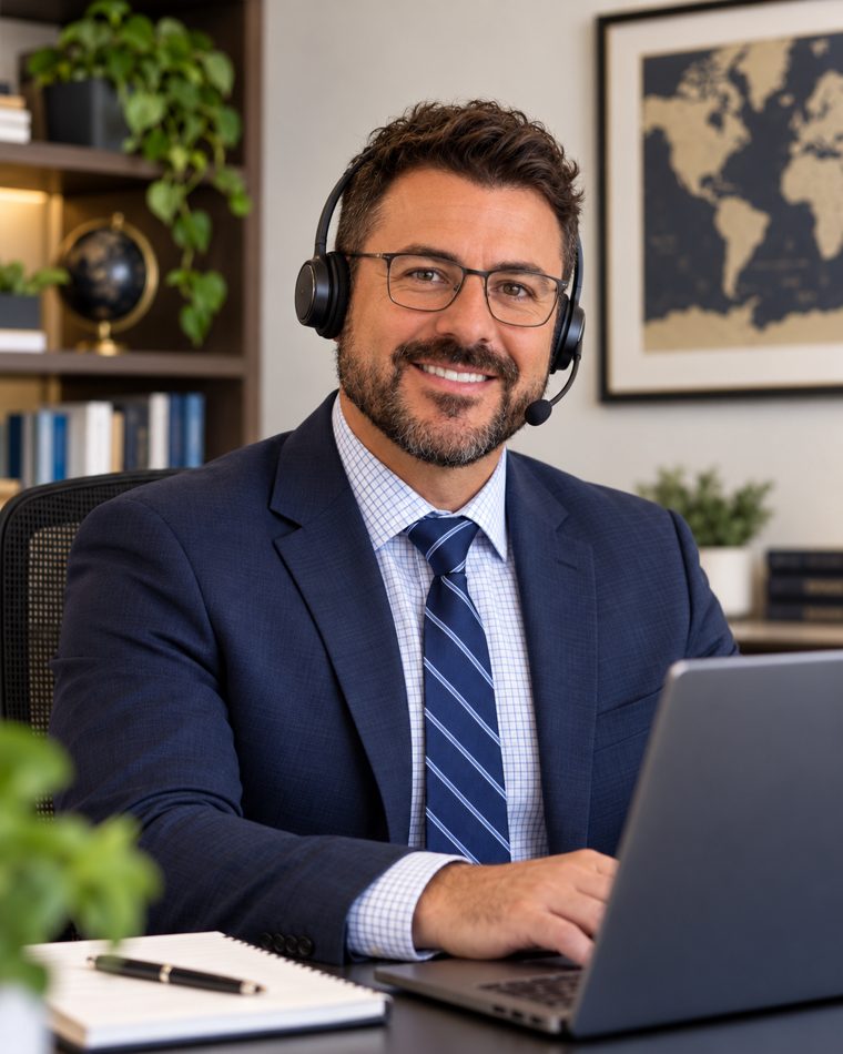 The founder of Boston Linguistics MA at his desk, wearing an interpreting headset